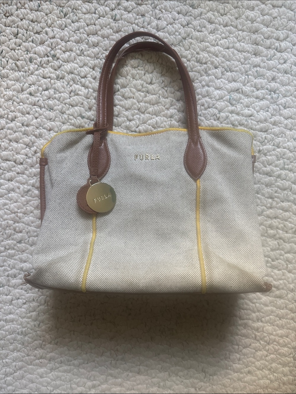 Furla Cream Canvas Tote with Brown Leather Handles and Yellow Accents